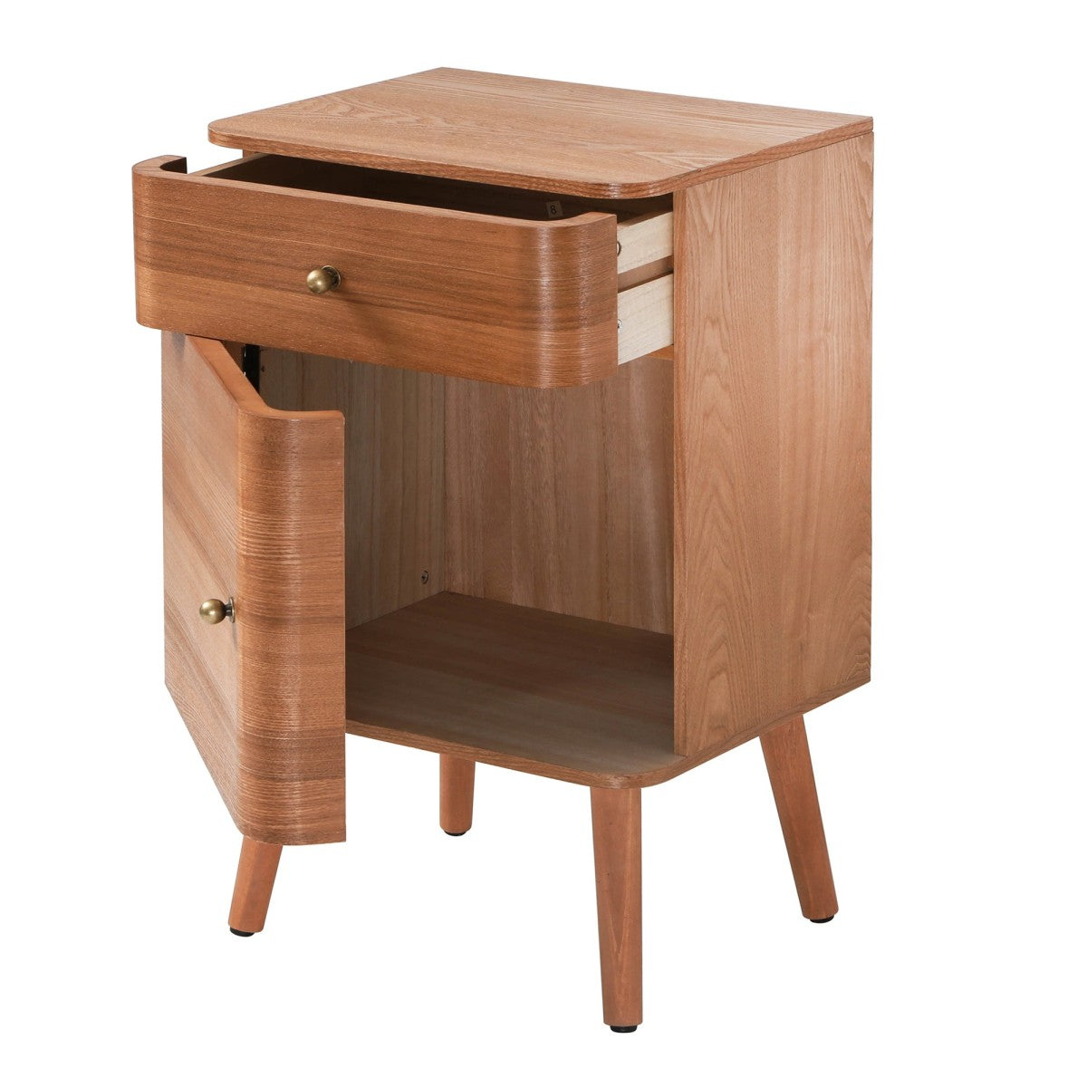 Karl - Bedside Table with 1 Drawer/1 Door, Rounded Edges - Dark Wood
