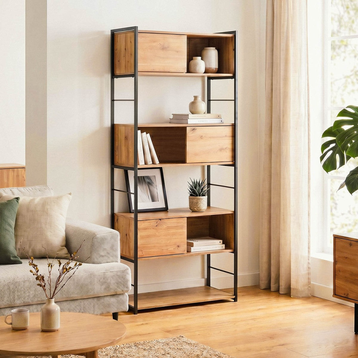 Lenny - Bookcase with 3 Sliding Doors - Light Wood