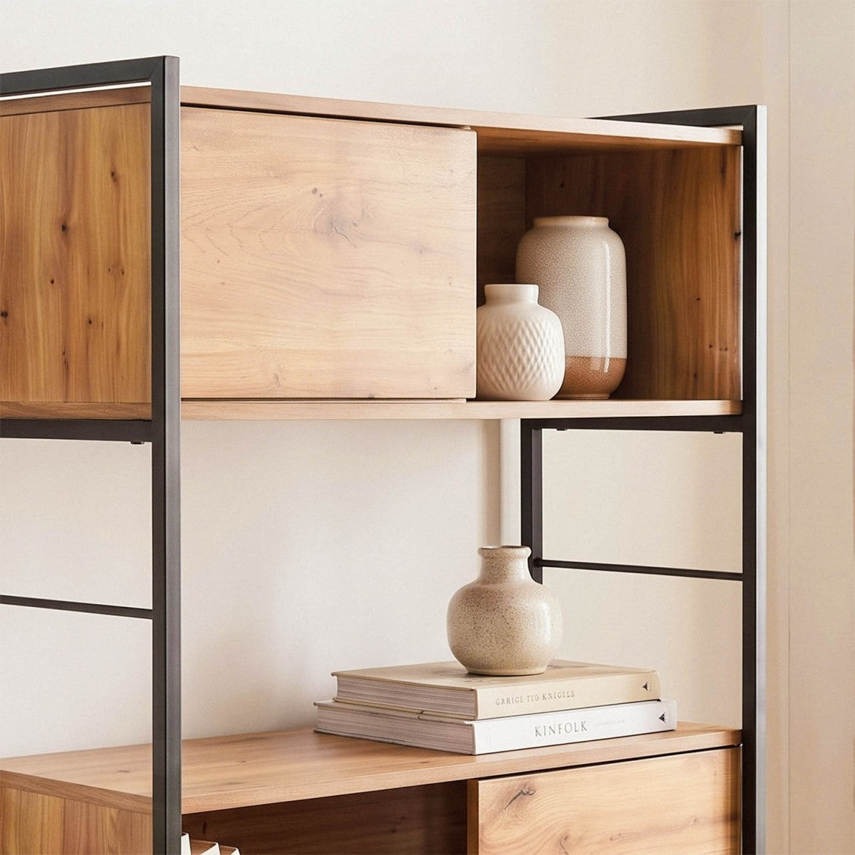 Lenny - Bookcase with 3 Sliding Doors - Light Wood