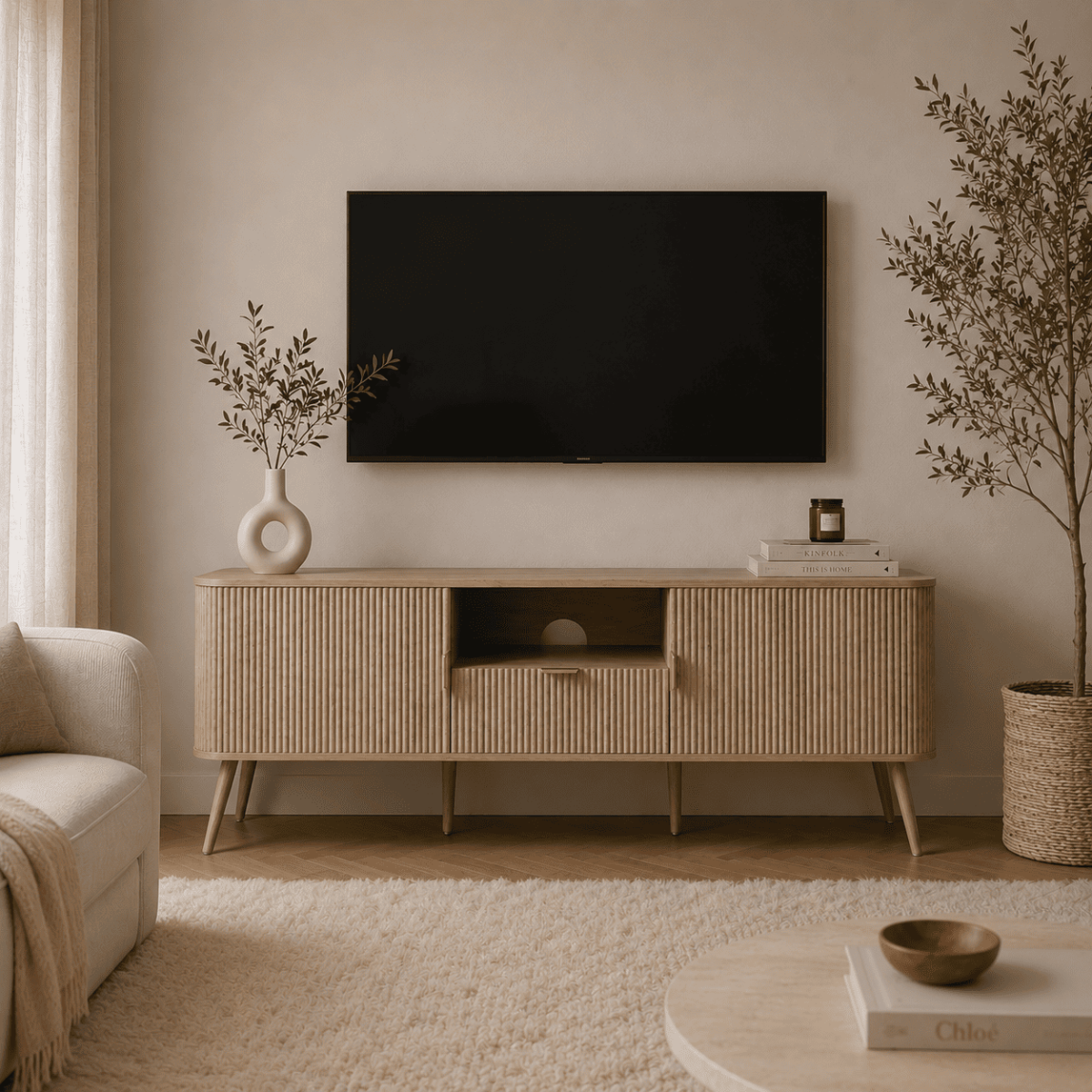 Maho - TV Unit 2 Doors Rounded Slats - Oak
