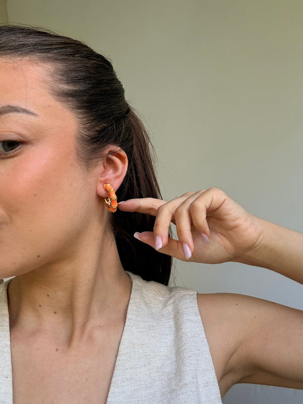 Vintage Kenneth Jay Lane Earrings - Coral Enamel Hoop Earrings