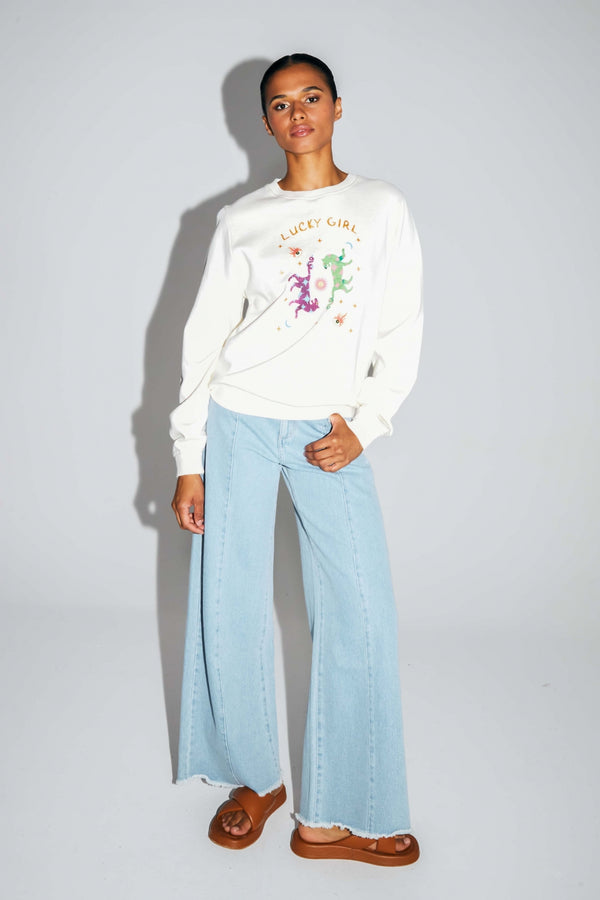 Sweatshirt Eddie Lucky Girl i økologisk bomuld fremstillet i Portugal - Hvid