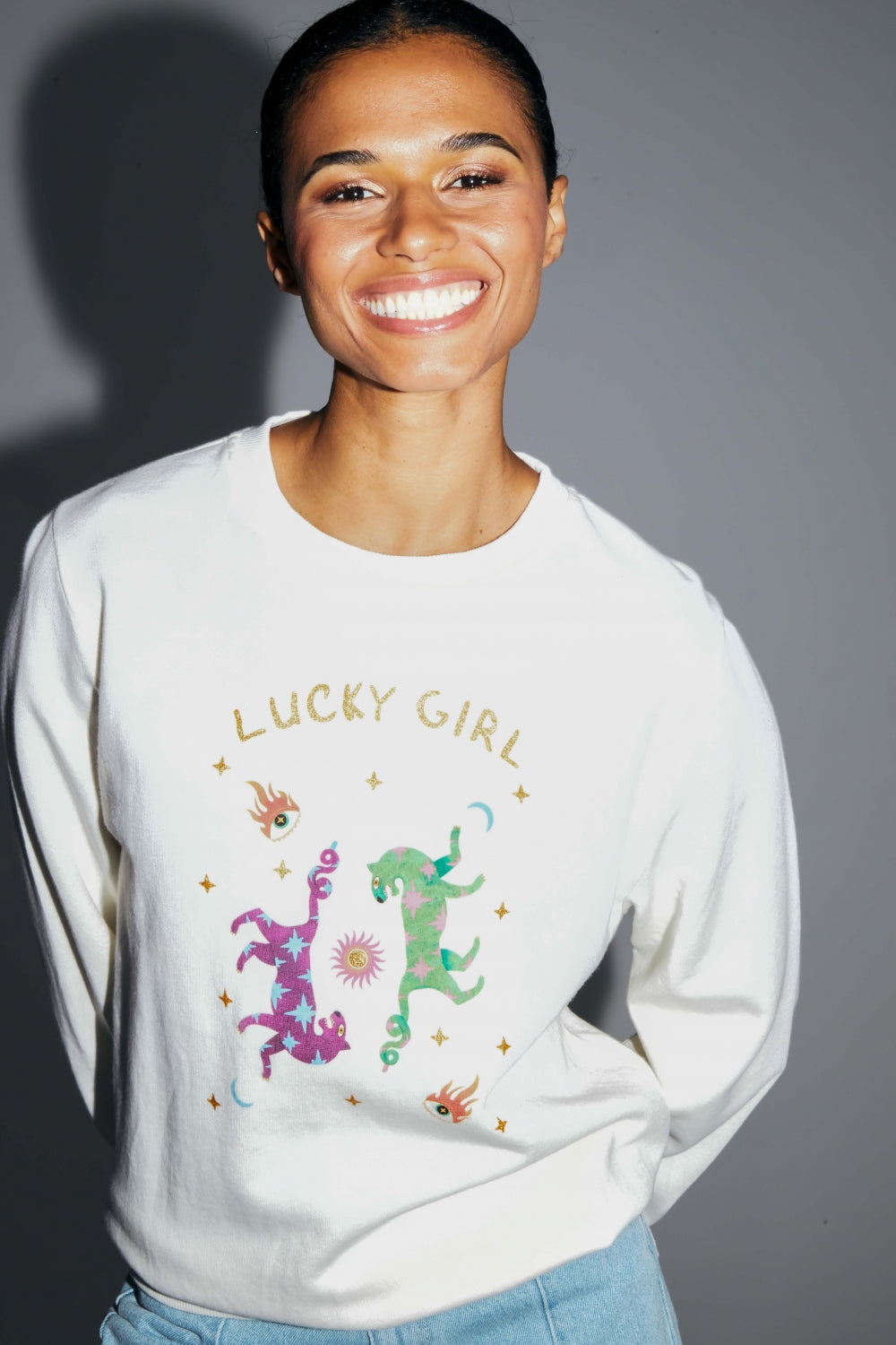 Sweatshirt Eddie Lucky Girl i økologisk bomuld fremstillet i Portugal - Hvid