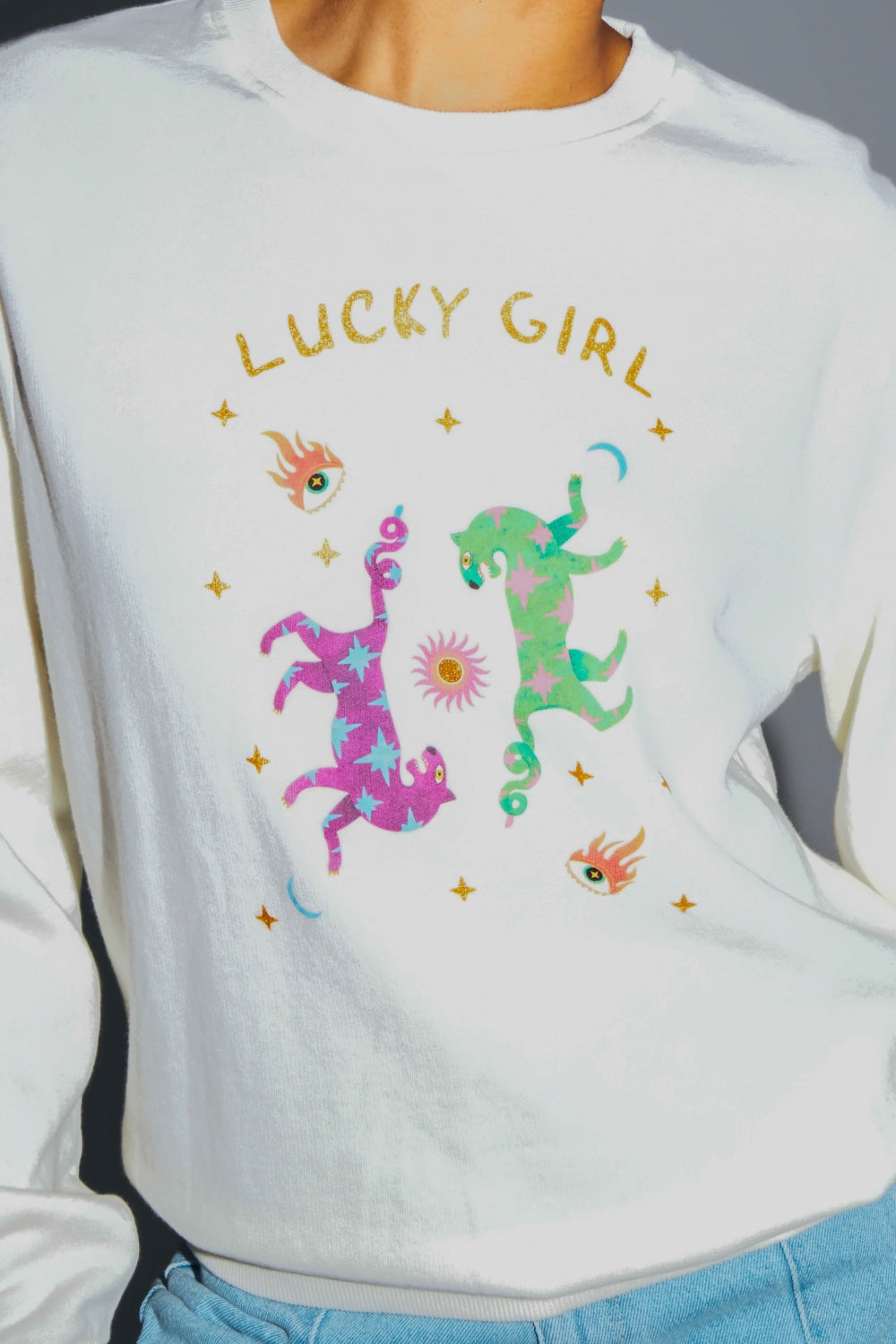 Sweatshirt Eddie Lucky Girl i økologisk bomuld fremstillet i Portugal - Hvid
