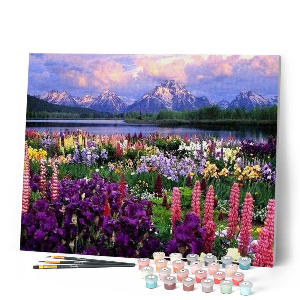 Pintura por números - Flores y lago al pie de la montaña