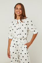 Chemise En Coton, Manches Courtes Motif Pois - Blanc