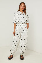 Chemise En Coton, Manches Courtes Motif Pois - Blanc