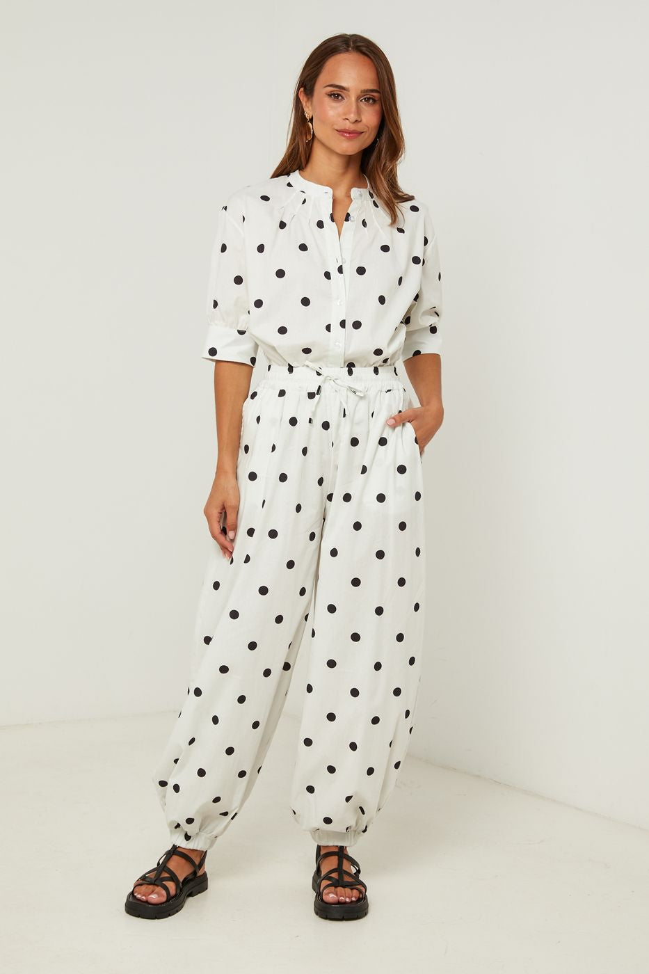 Chemise En Coton, Manches Courtes Motif Pois - Blanc