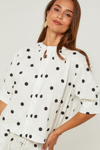 Chemise En Coton, Manches Courtes Motif Pois - Blanc