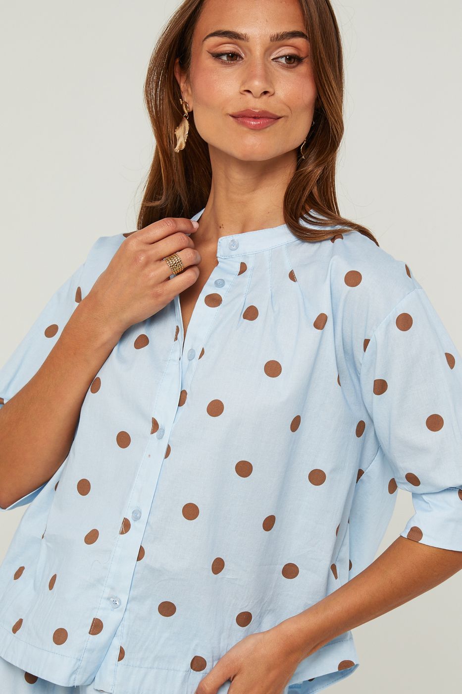 Camisa de Algodón Manga Corta Estampado de Lunares - Cielo