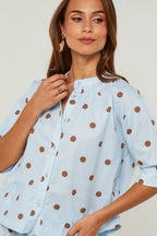 Camisa de Algodón Manga Corta Estampado de Lunares - Cielo