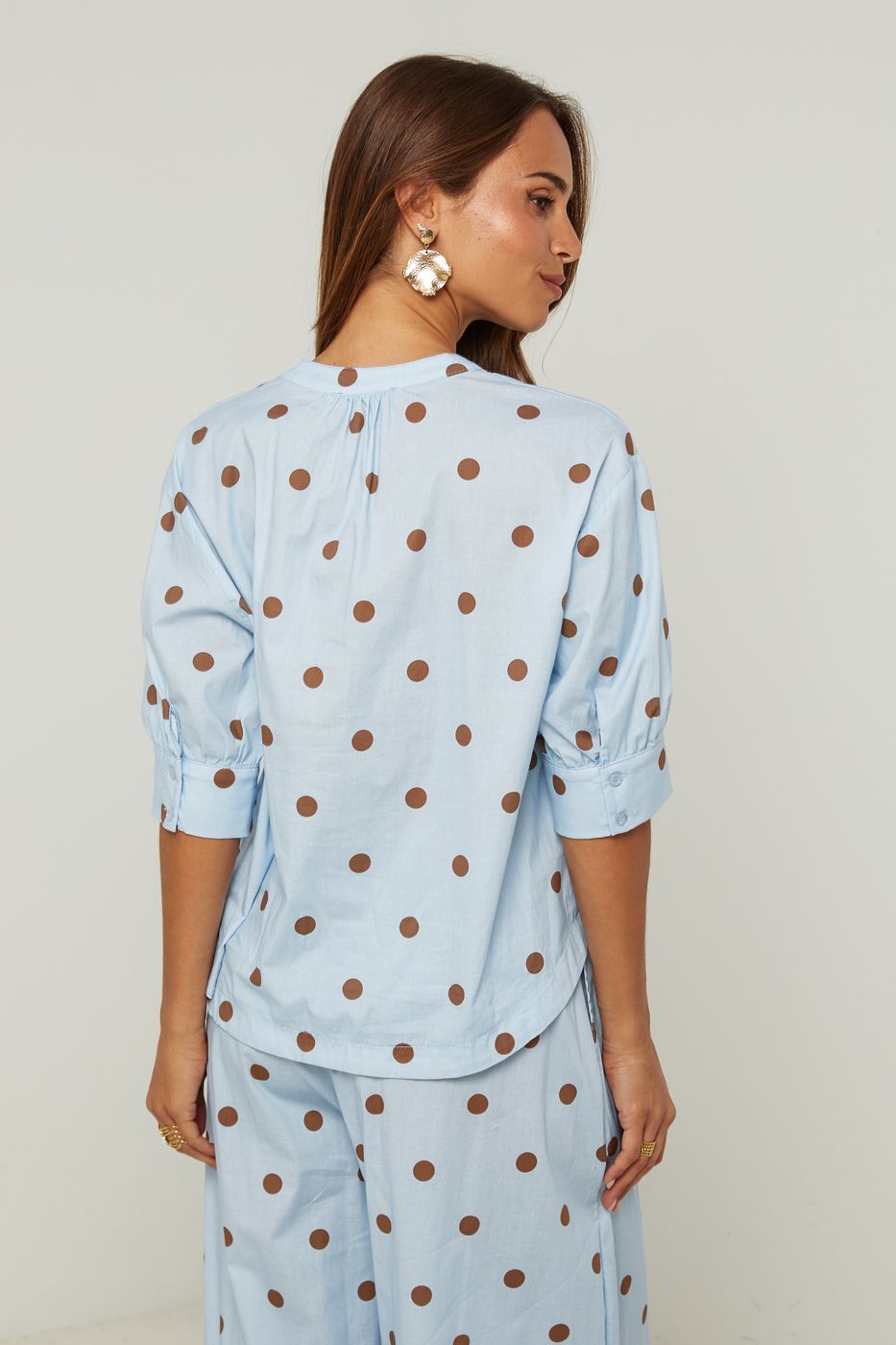 Camisa de Algodón Manga Corta Estampado de Lunares - Cielo