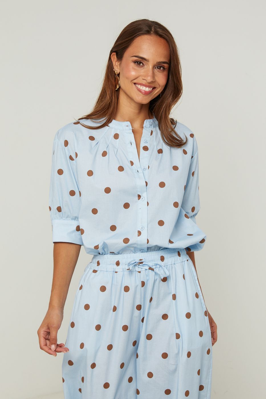 Camisa de Algodón Manga Corta Estampado de Lunares - Cielo