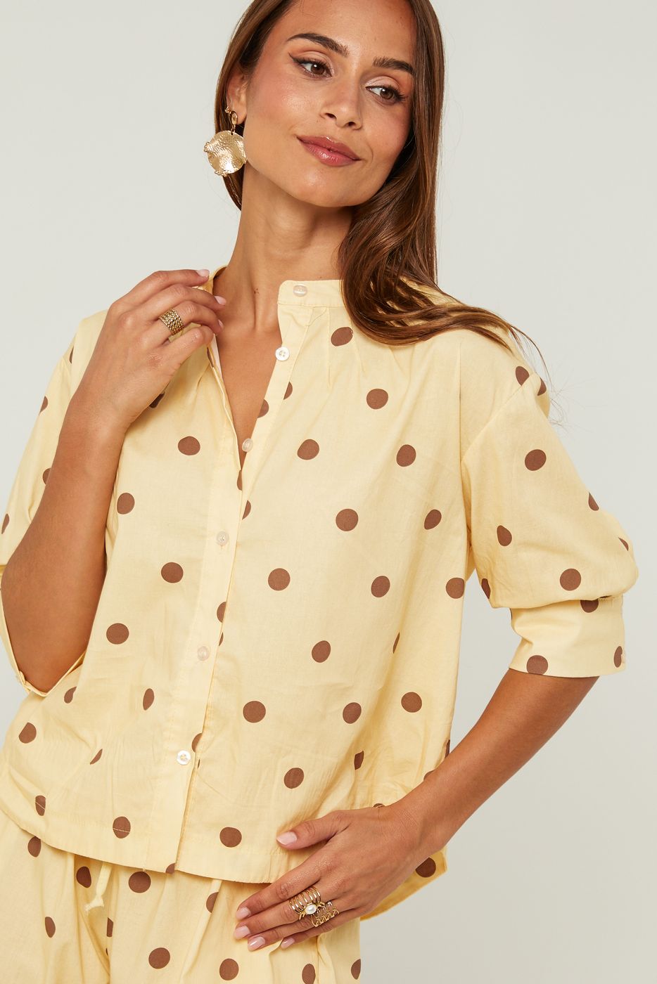 Chemise En Coton, Manches Courtes Motif Pois - Jaune