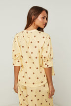 Chemise En Coton, Manches Courtes Motif Pois - Jaune