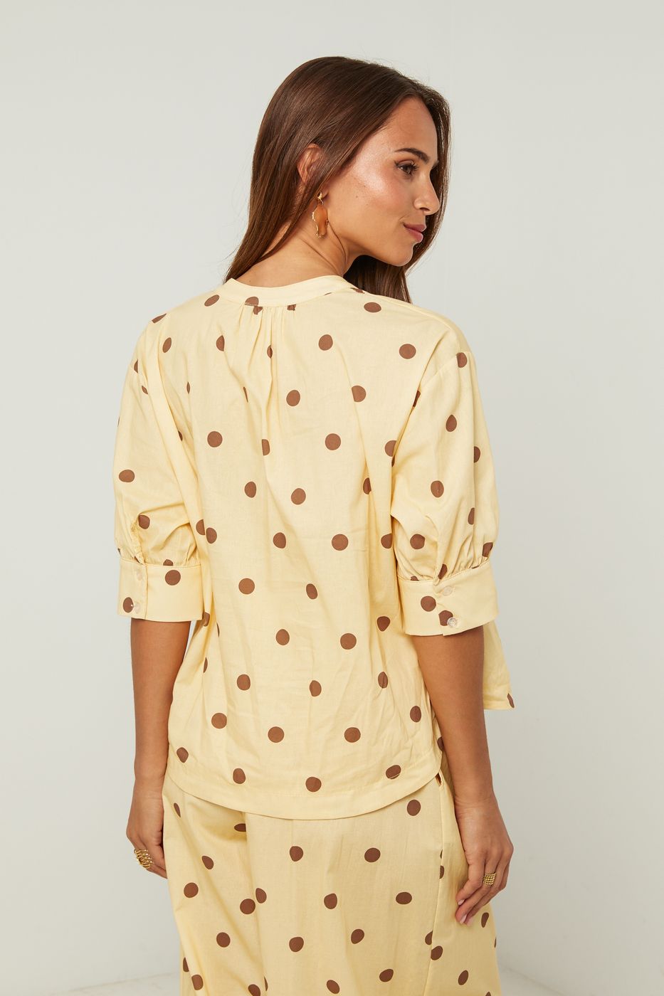 Chemise En Coton, Manches Courtes Motif Pois - Jaune