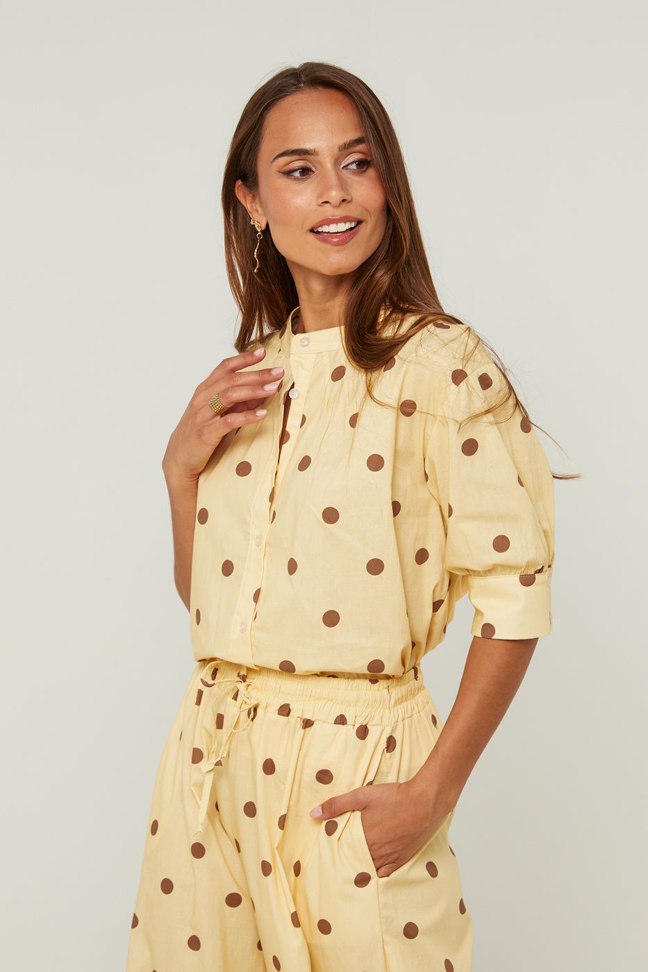 Chemise En Coton, Manches Courtes Motif Pois - Jaune