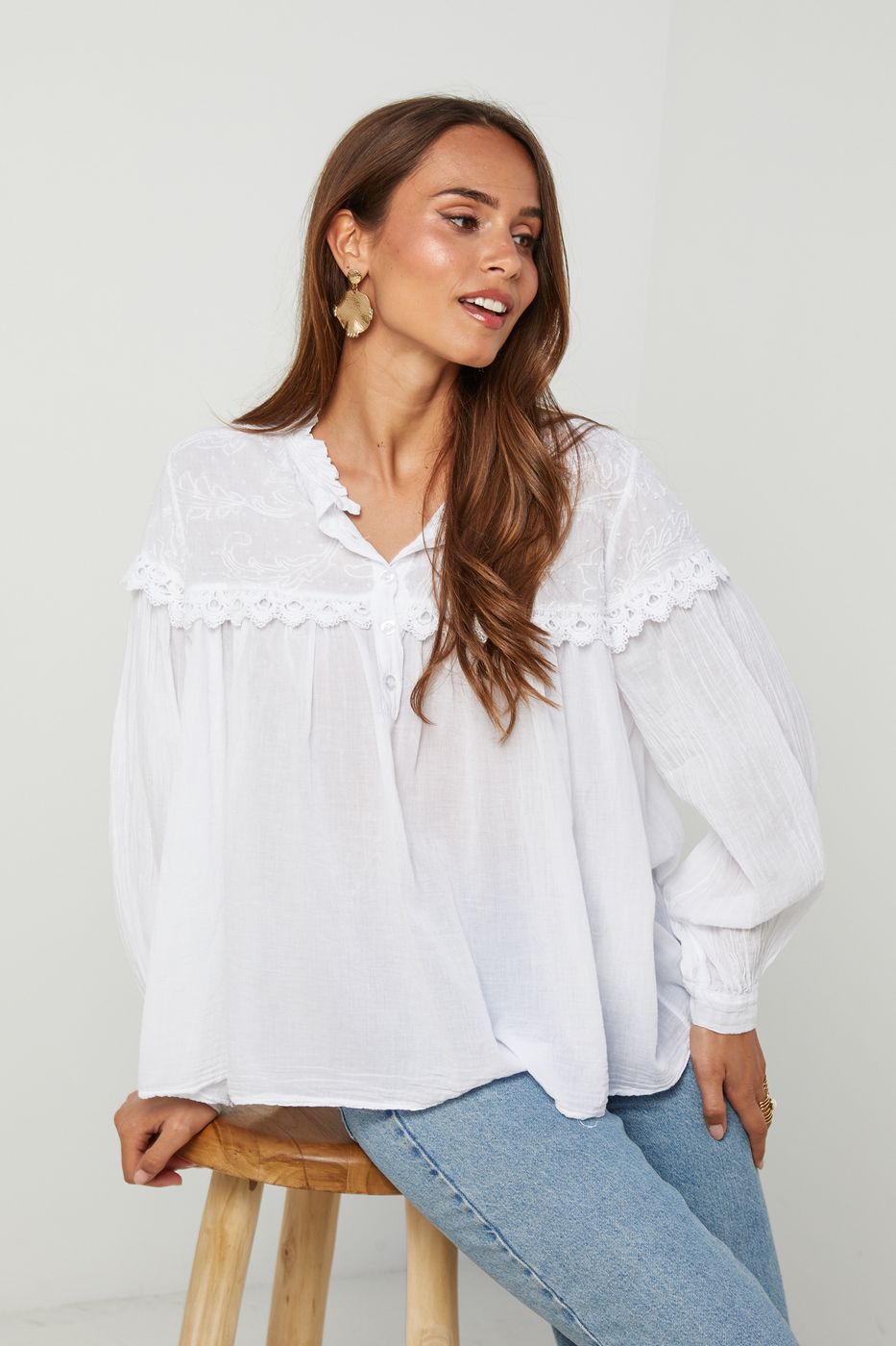 Top En Coton, Manches Longues - Blanc