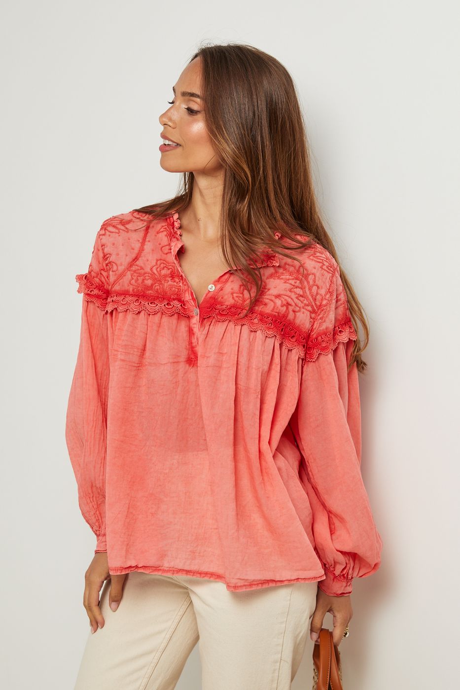 Top En Coton, Manches Longues - Corail