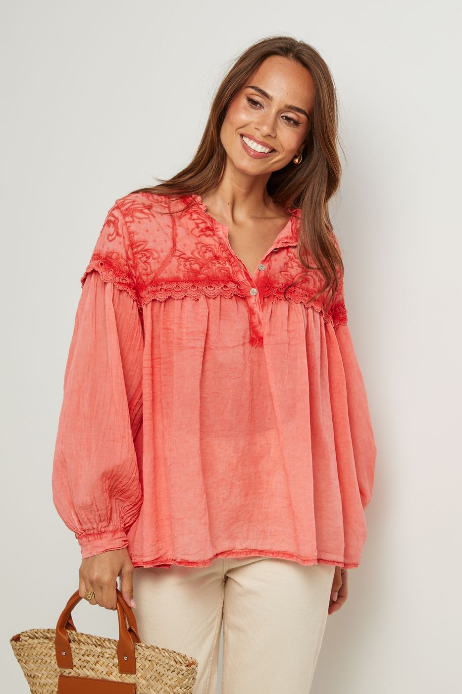 Top En Coton, Manches Longues - Corail