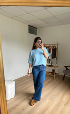 Short Sleeve Wool Knit Brown Sky Blue