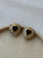 Vintage Earrings - Rhinestone Hearts And Black Cabochon