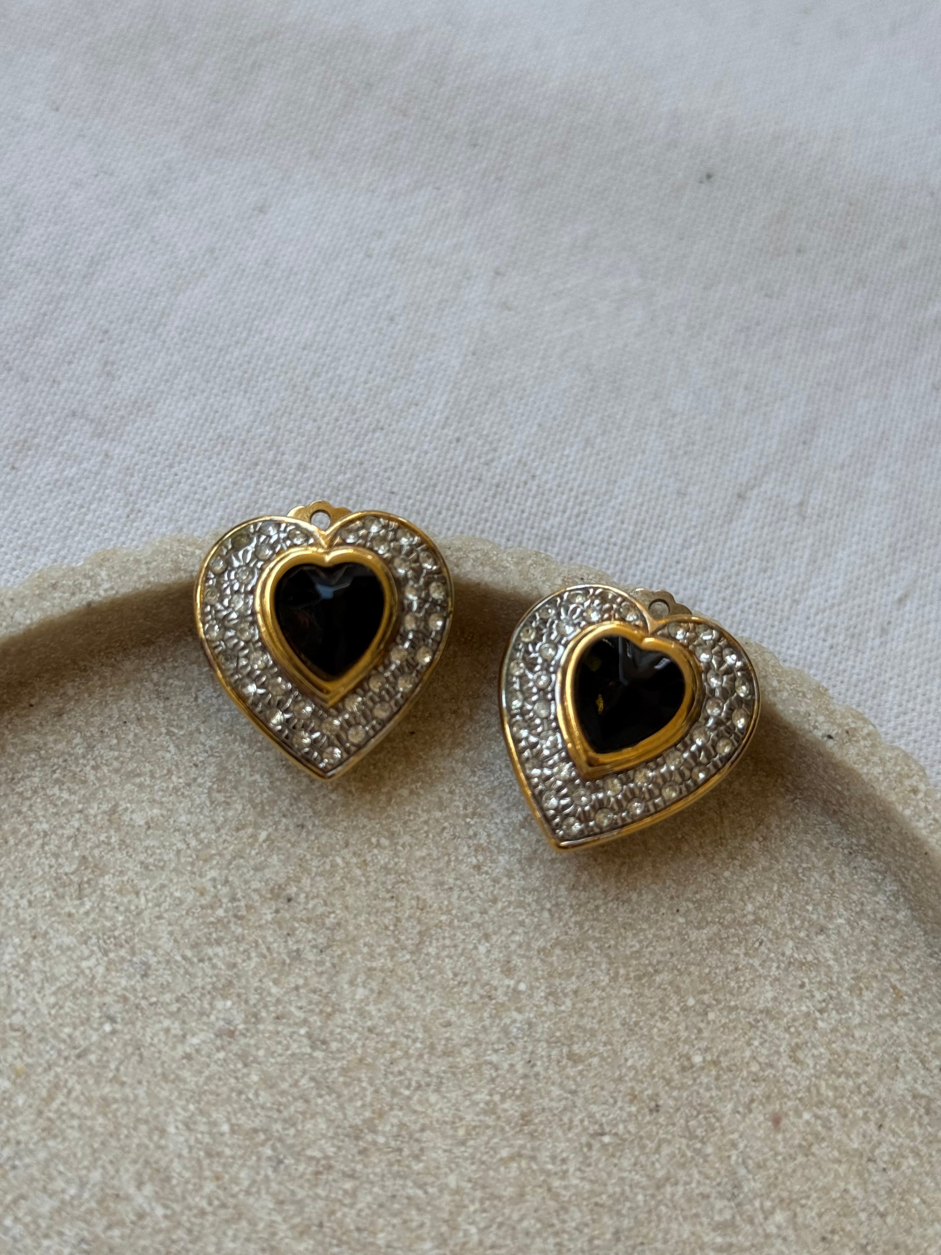 Vintage Earrings - Rhinestone Hearts And Black Cabochon