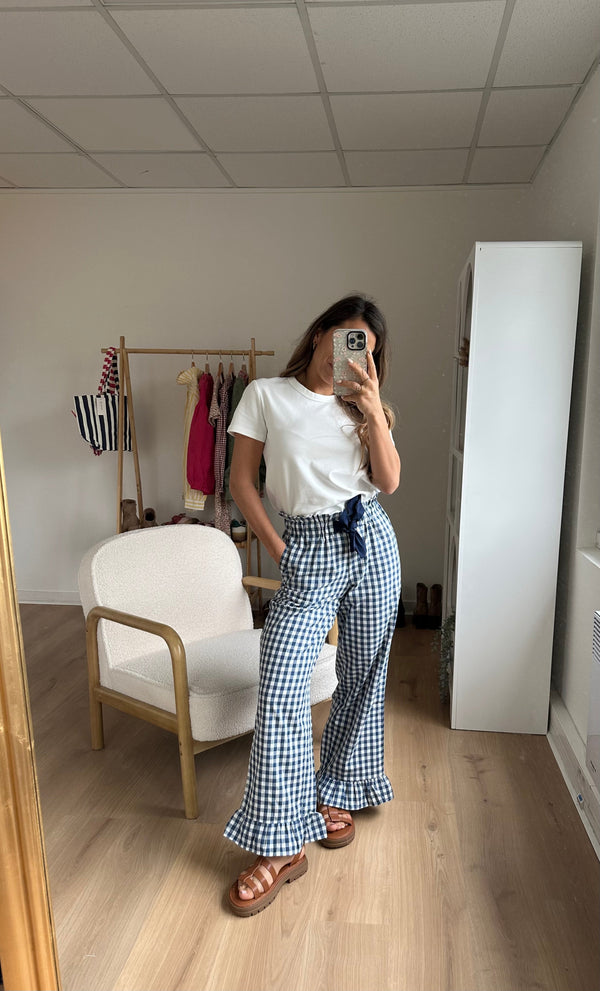Pantalón Julia Fluido Vichy Con Volantes Azul Marino