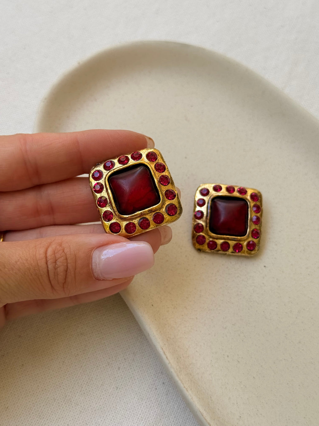 Pendientes Vintage - Cabujones Rojos Y Strass