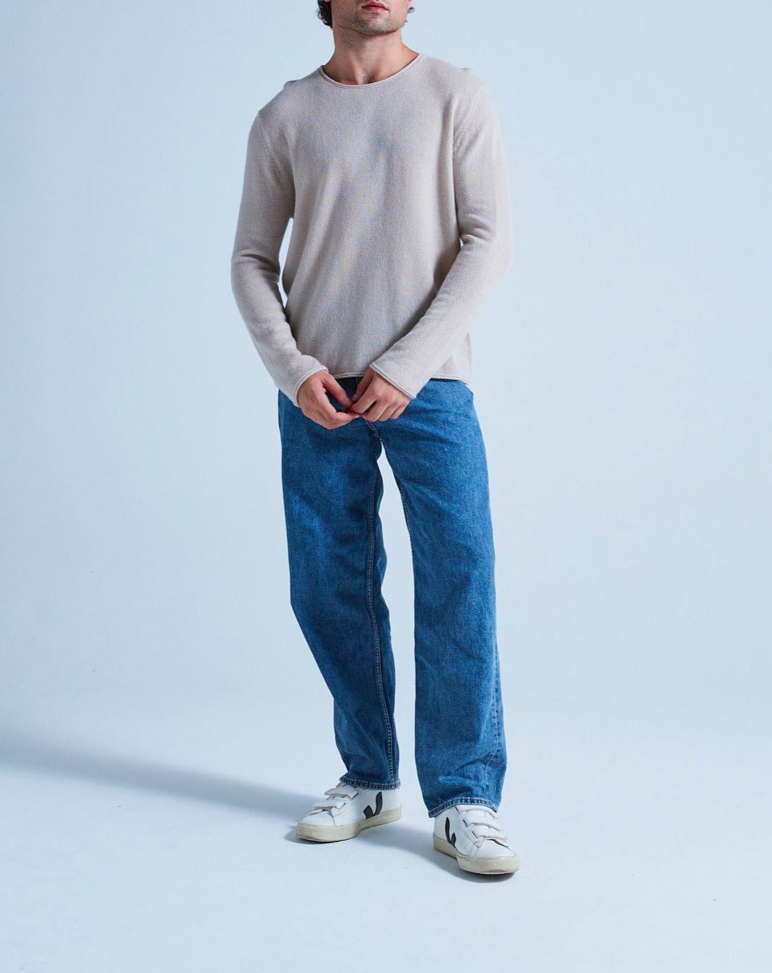 Round-Neck Jumper with Rolled Finishes Taylor - Greige - 100% Cashmere 12Gg - Unisex