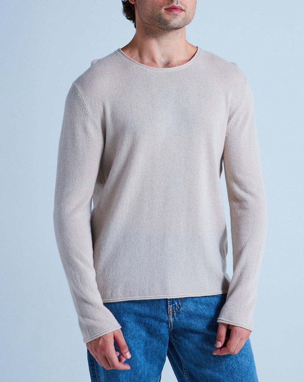 Round-Neck Jumper with Rolled Finishes Taylor - Greige - 100% Cashmere 12Gg - Unisex