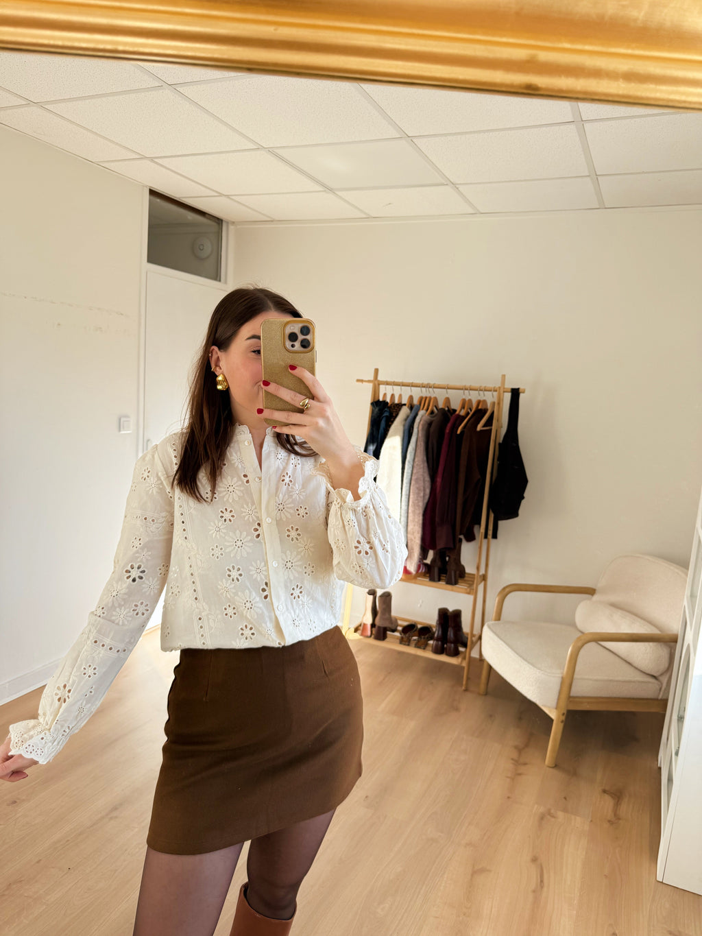 Lou chocolate wool-effect skirt