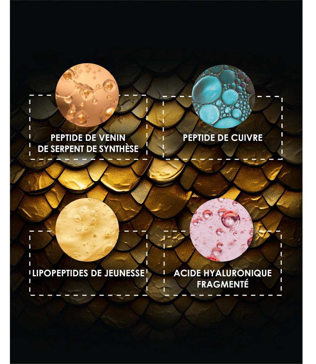 Laboratoire Garancia Anti-Âge & Anti-Rides [ MYSTÉRIEUX Mille et Un Jours ] Actifs anti-âge de pointe du soin Garancia Mystérieux : Peptide de venin de serpent de synthèse, Peptide de cuivre, Lipopeptides de jeunesse et Acide Hyaluronique fragmenté.