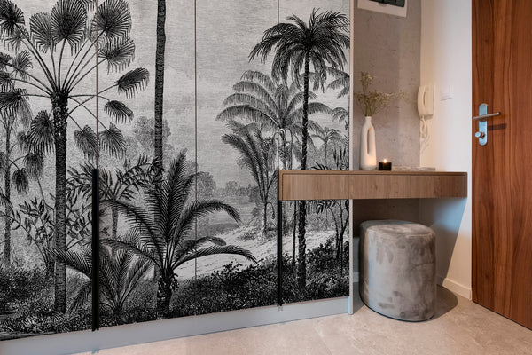 Lé Papiers De Ninon – Aladin Wardrobe Adhesive - Multicoloured, black-and-white panoramic wallpaper with tropical jungle pattern in an interior