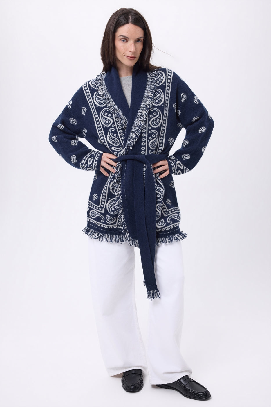 Cárdigan oversize con cinturón Alya - Azul marino blanco - Mujer