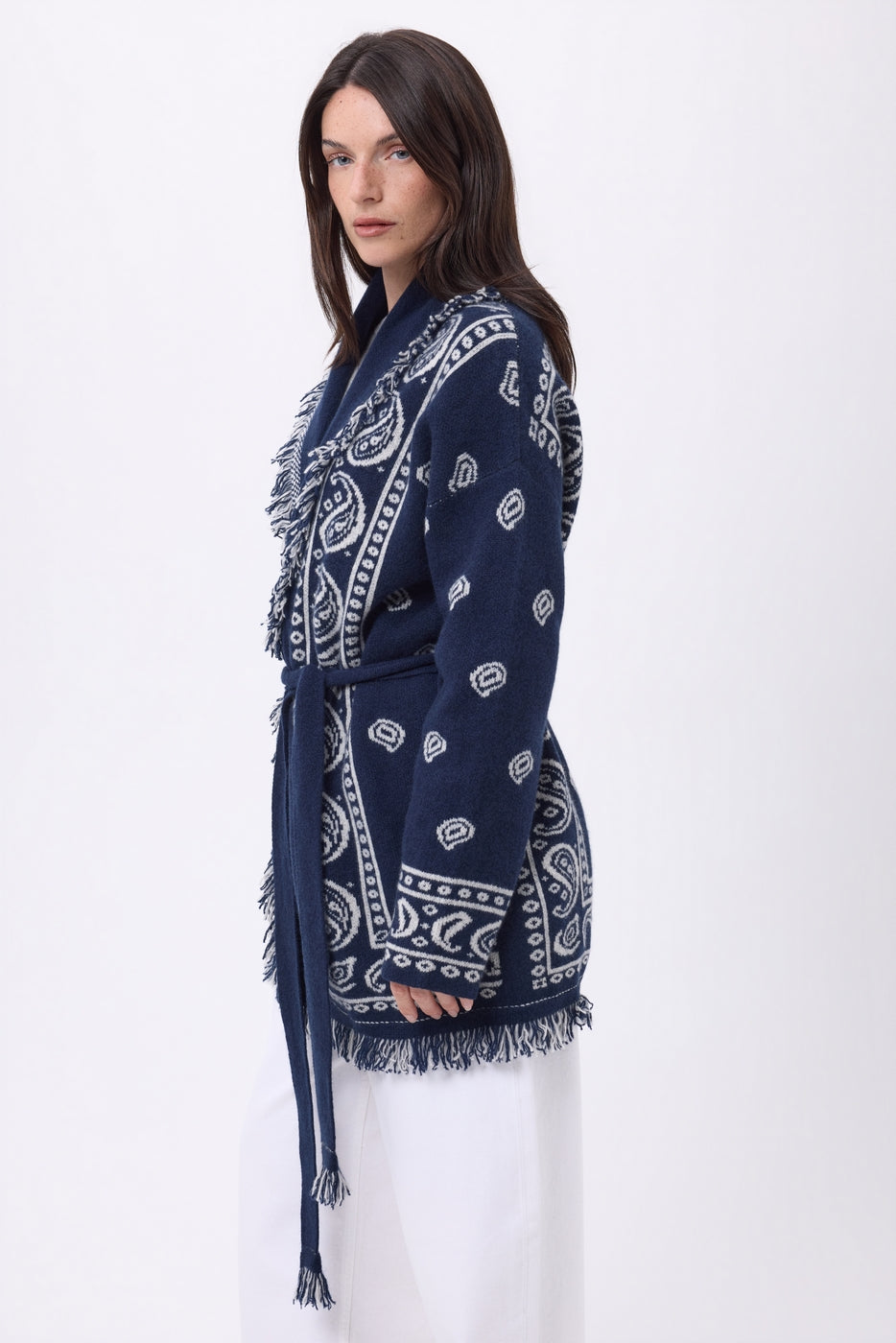Cárdigan oversize con cinturón Alya - Azul marino blanco - Mujer