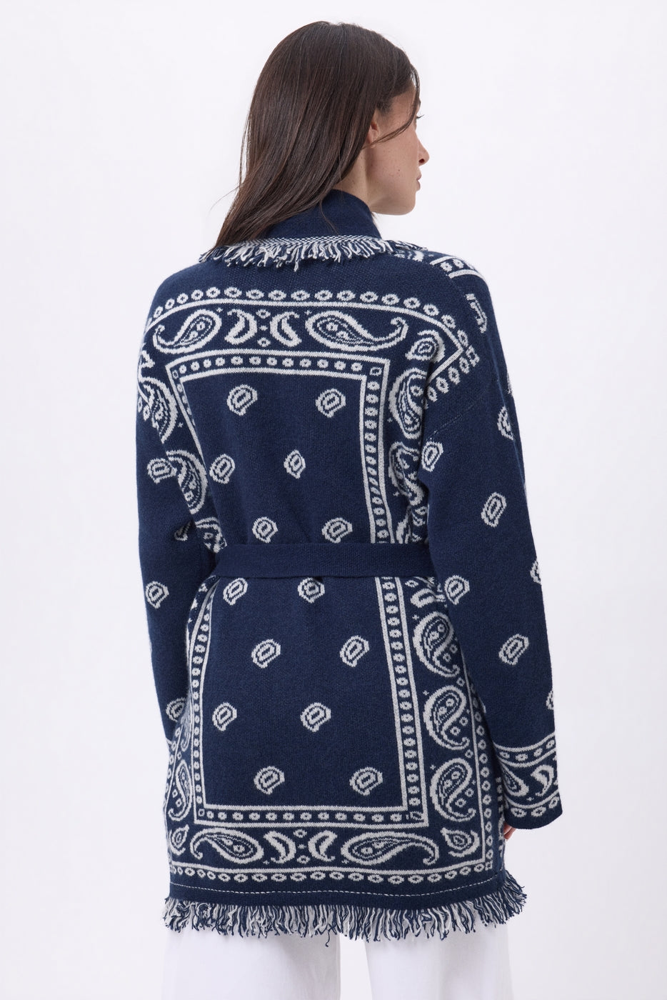 Cárdigan oversize con cinturón Alya - Azul marino blanco - Mujer