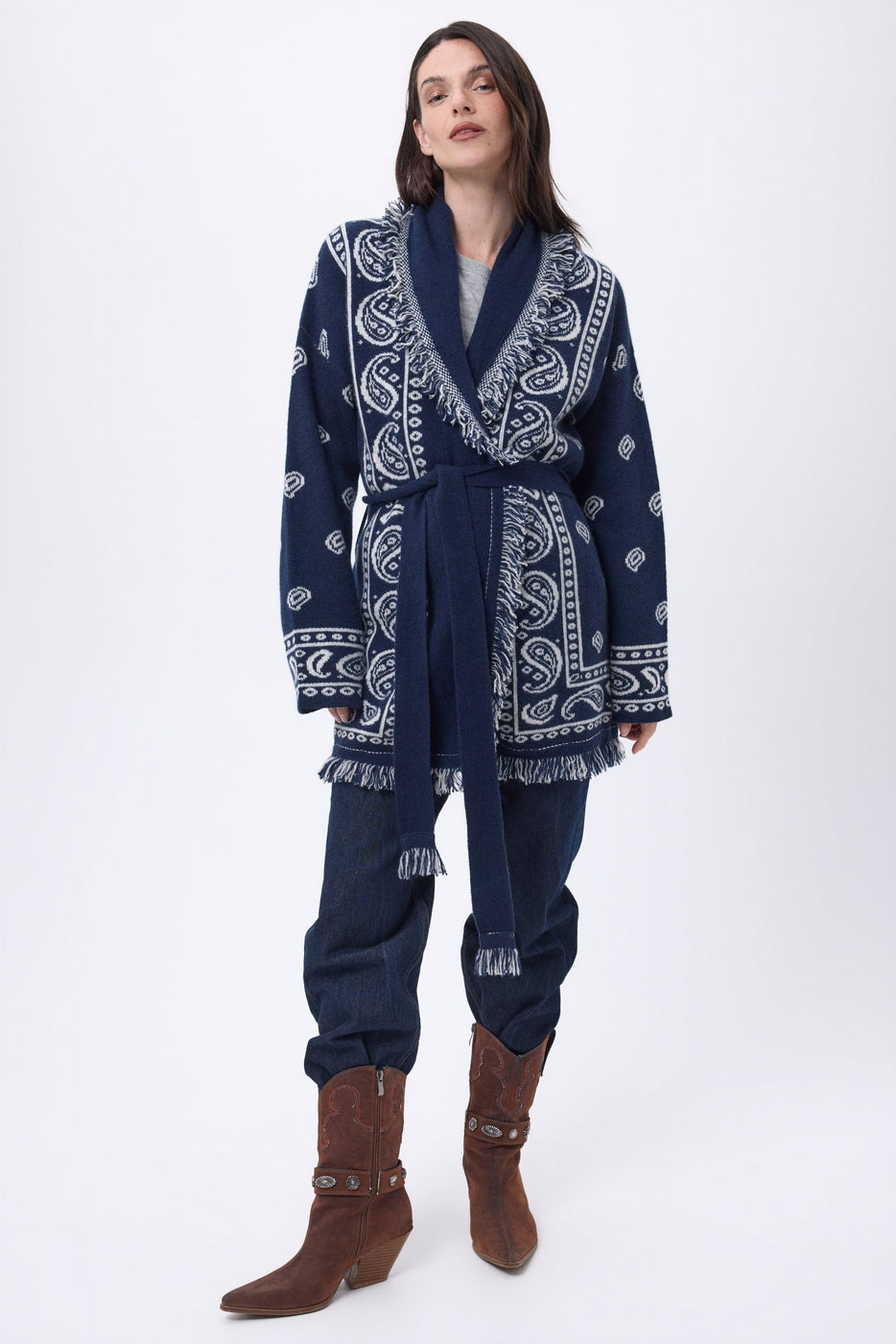 Cárdigan oversize con cinturón Alya - Azul marino blanco - Mujer