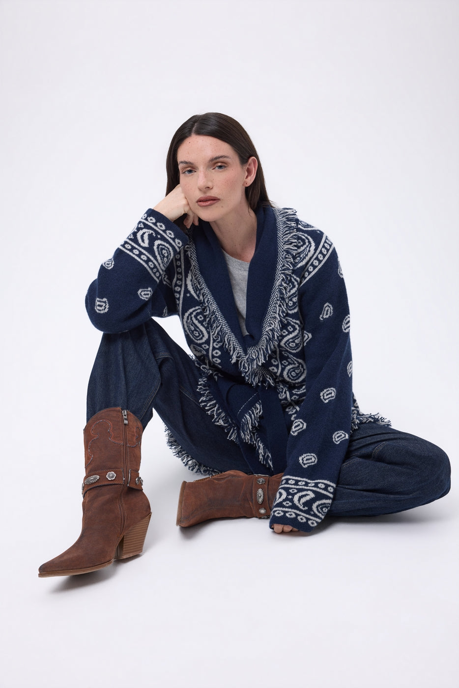 Cárdigan oversize con cinturón Alya - Azul marino blanco - Mujer