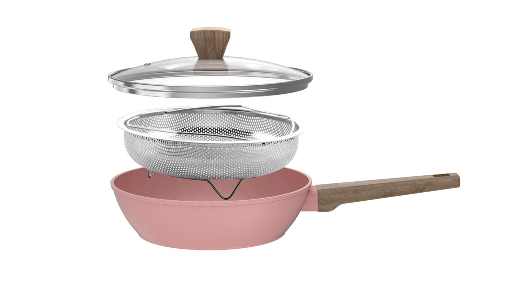 28cm Sauté Pan With Lid + Basket - Forged Aluminum - Ceramic Coating - Pink