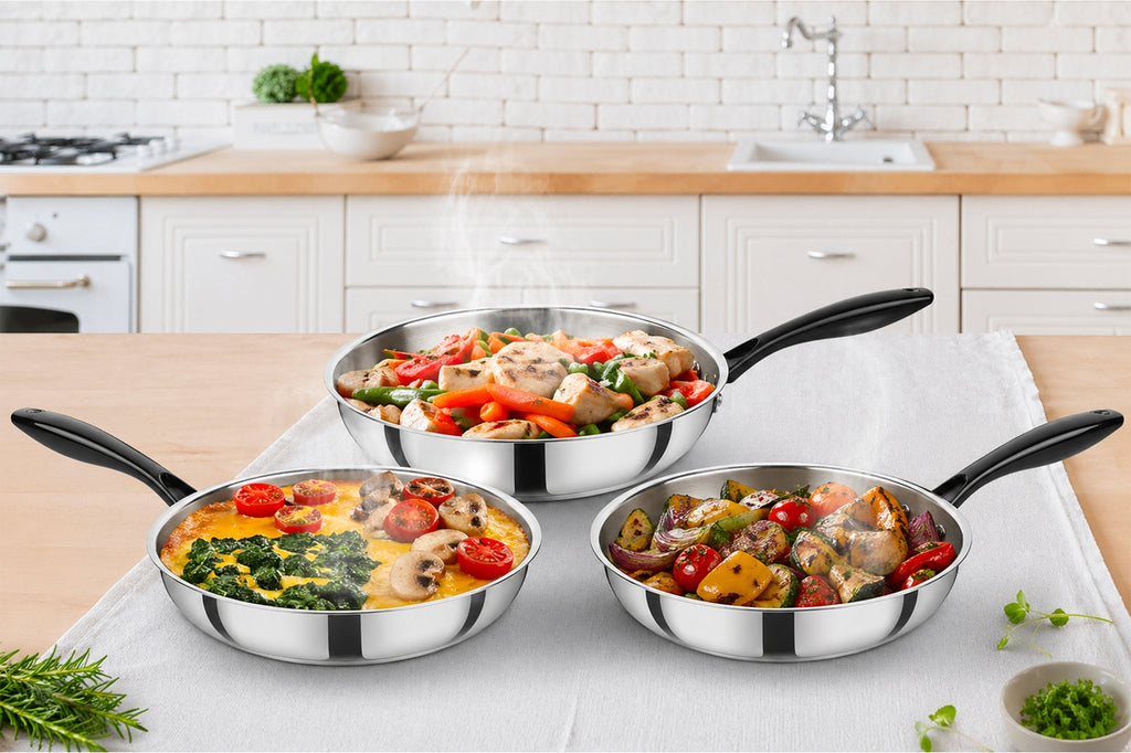 Set 3 Poêles 20/24/28cm - Technologie Triplex - Acier Inoxydable - Inox