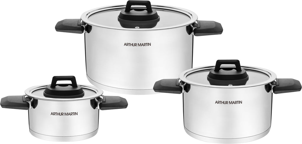 Set of 3 Pots 2/4/6L - Folding Handles - Stainless Steel - Inox