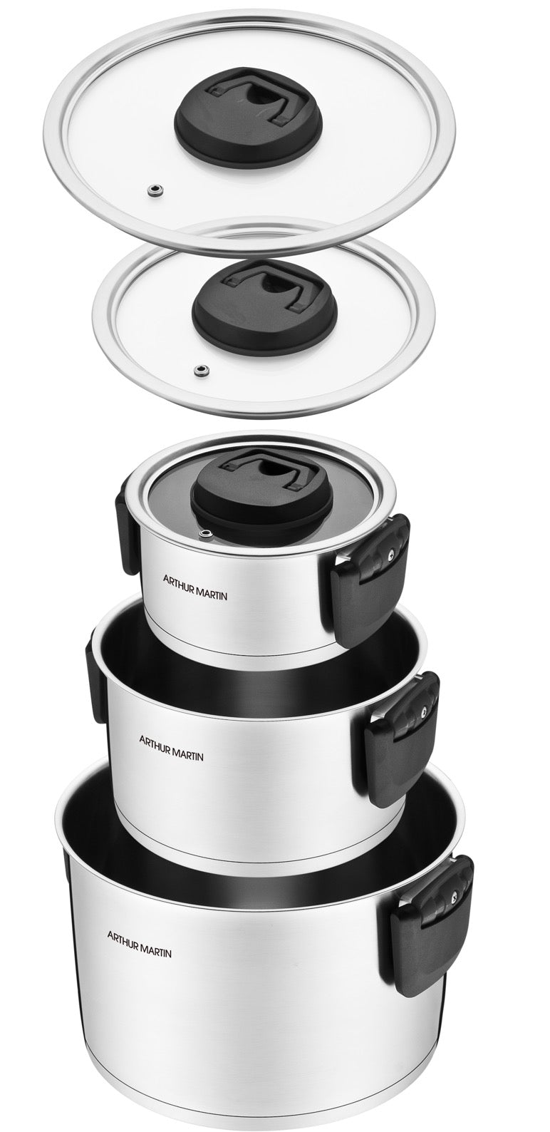 Set of 3 Pots 2/4/6L - Folding Handles - Stainless Steel - Inox