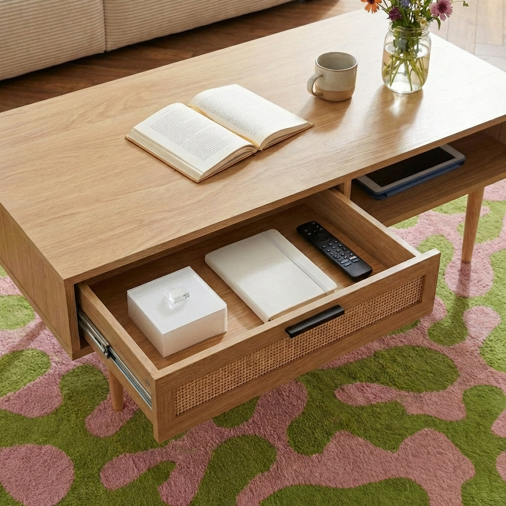 Amana - Coffee Table - Oak Effect and Rattan Cane Webbing