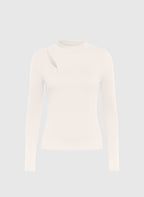 An'ge – T-Shirt Amelle Ecru, haut blanc cassé à manches longues et col montant, avec découpe