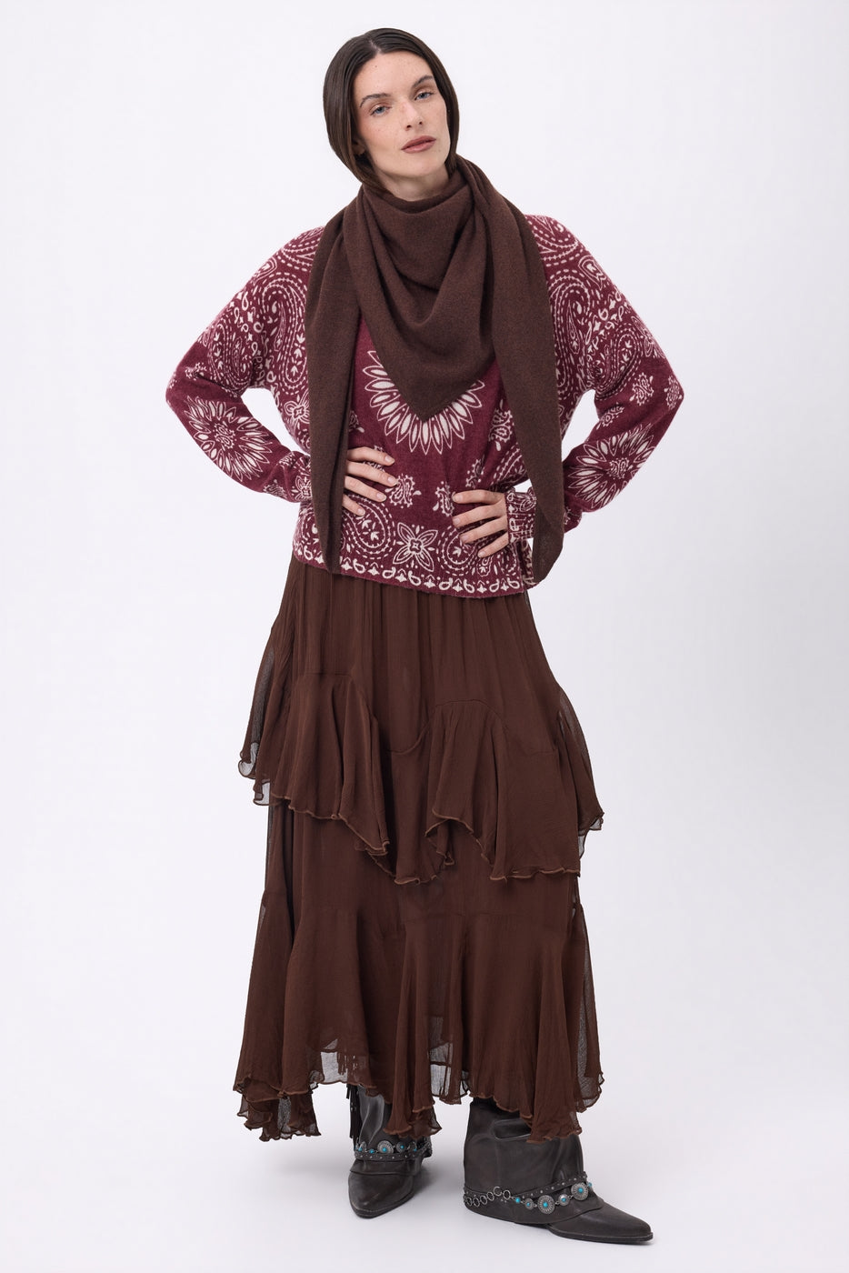 Echarpe Bandana Oversize Triangle Unie Amel - Marron Chocolat - Femme - 100% Cachemire