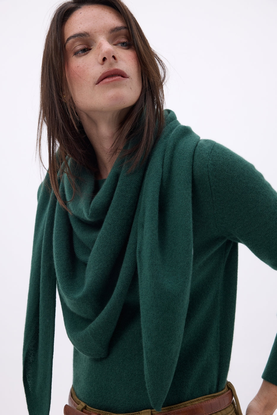 Echarpe Bandana Oversize Triangle Unie Amel - Vert Bouteille - Femme - 100% Cachemire