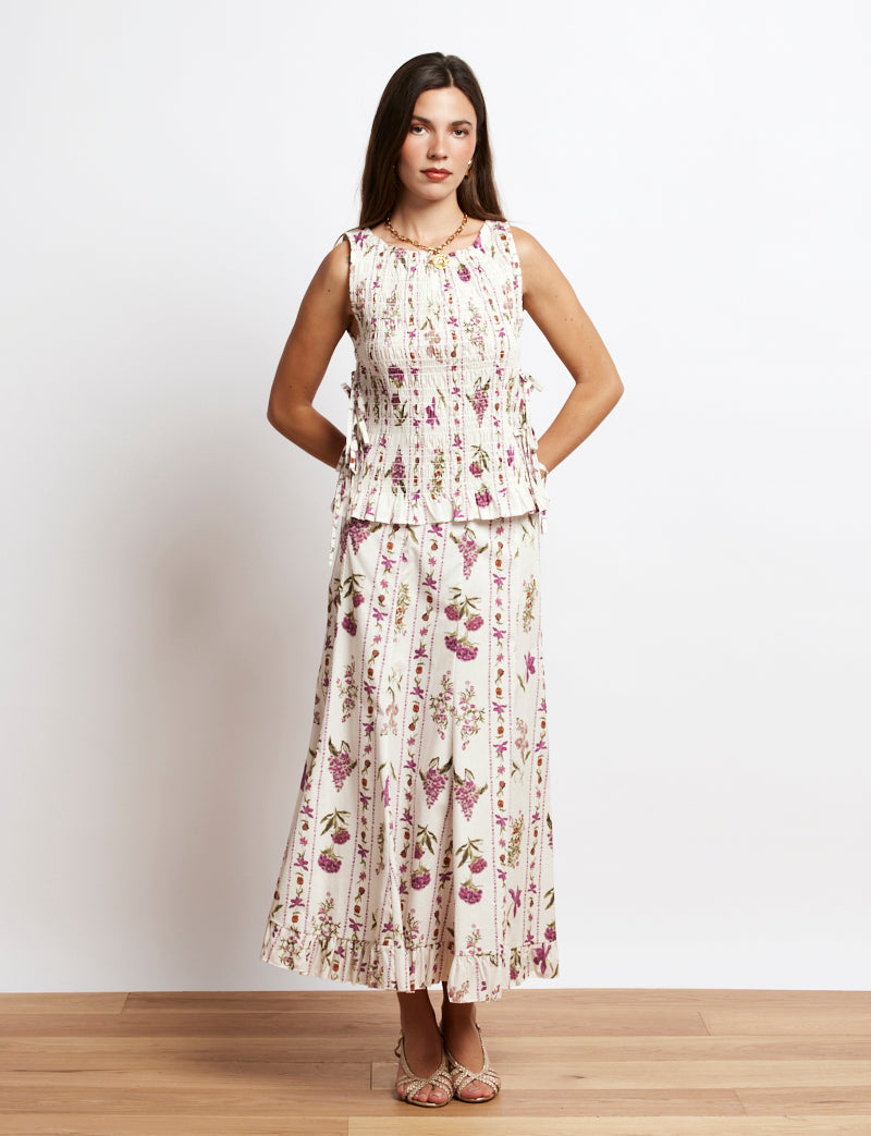 Ecrufarbener Rock mit lila Blumen Jimena