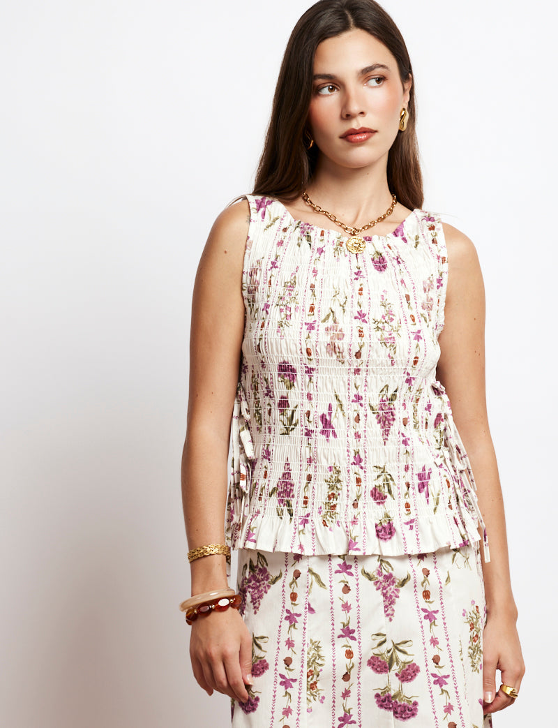 Top in Ecru mit lila Blumen Olaya