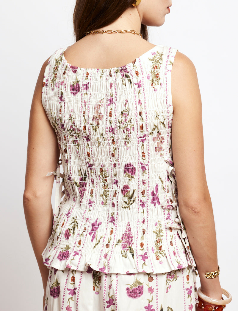 Top in Ecru mit lila Blumen Olaya